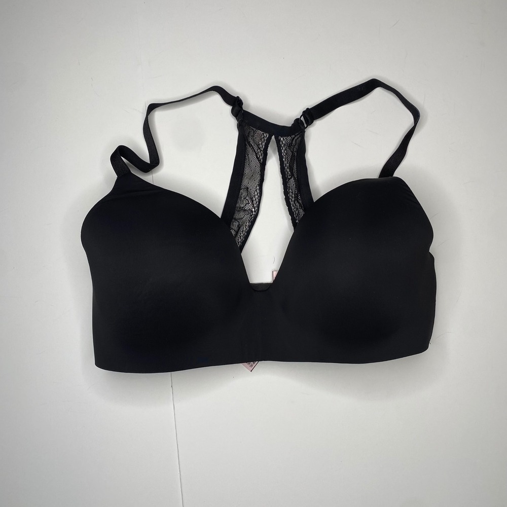 VICTORIAS SECRET Black Lace Racerback Lightly Lined Wireless T Shirt‎ Bra 36DD